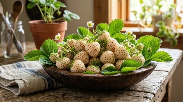 fresh organic pineberry authentic white strawberry fruit with green leaves