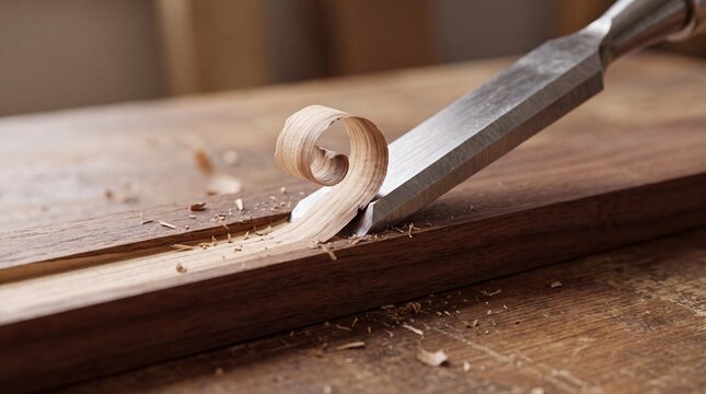 Woodcarving chisel cutting curled wood chip in close-up detail
