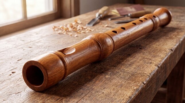Carved wooden flute with hollow pipe on rustic workbench