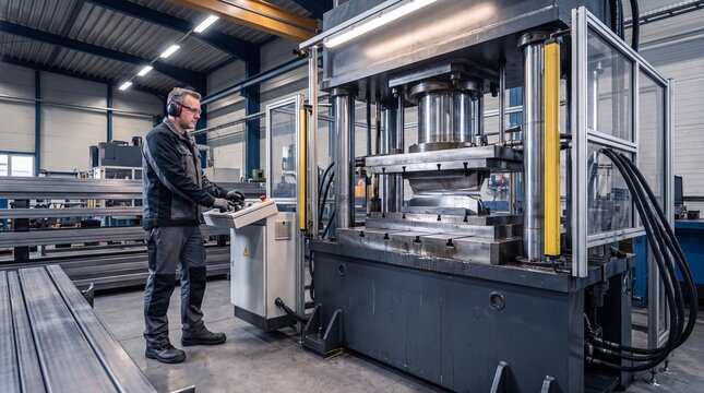 Worker operating hydraulic press machine in industrial factory