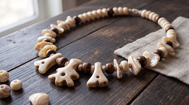 Beaded necklace with shells and bones on rustic wooden table
