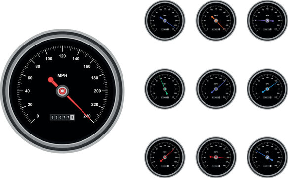 Car speedometer vector illustration set. Features black dashboard dials with needles indicating different speed values. Dial gauges with chrome frames for automotive design and UI.