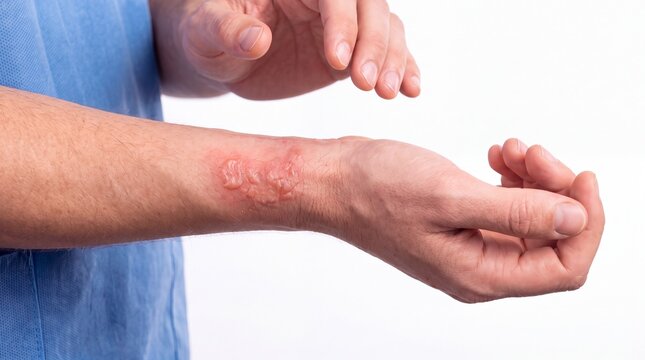 Chemical burn with caustic skin damage on forearm close-up