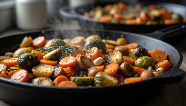 Hot roasted autumn vegetables with Brussels sprouts and carrots steaming in cast iron skillet