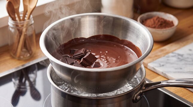 Chocolate melting in double boiler with rising steam