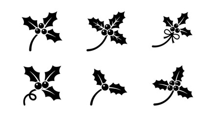 Fototapeta premium Christmas Holly Sprigs Vector Icons, Festive Winter Berries & Leaves, Seasonal Holiday Decorations, Black and White Elements