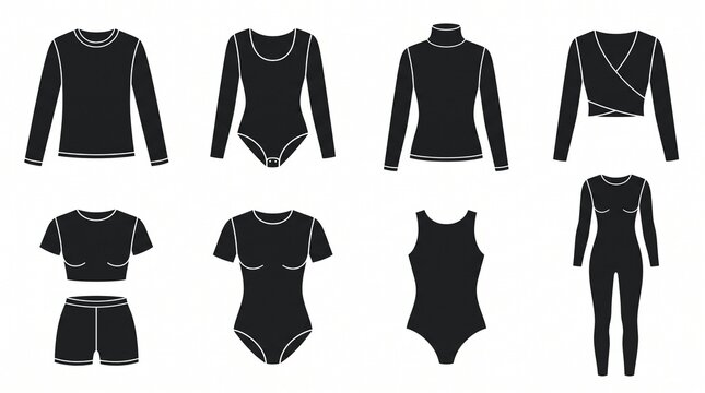 Minimalist clothing silhouettes, diverse garments, varied necklines and sleeves, fashion icons in sequence.