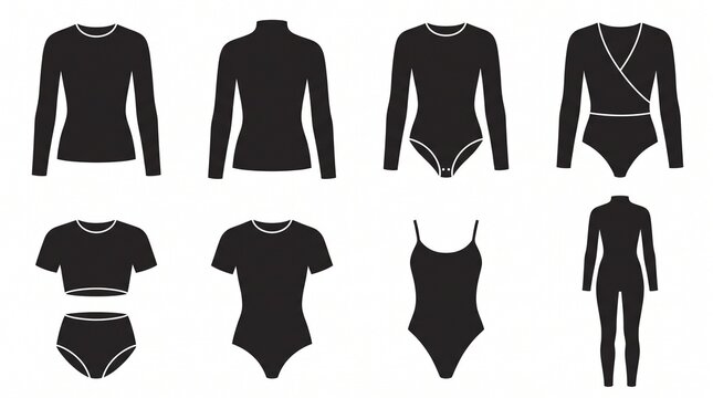 Minimalist clothing silhouettes, diverse garments, varied necklines and sleeves, fashion icons in sequence.