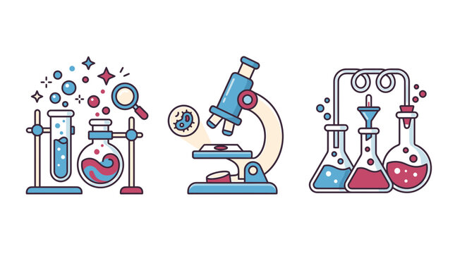 Set of laboratory icons with microscope, test tubes, and chemical flasks in vector style
