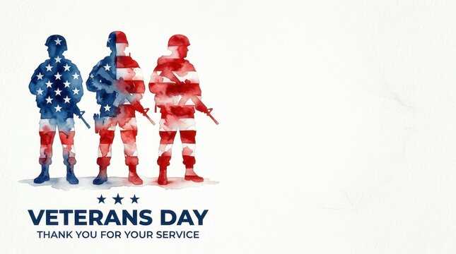 Veterans Day Watercolor painting style graphic of three soldiers in silhouette with American flag pattern for Veterans Day celebration card USA