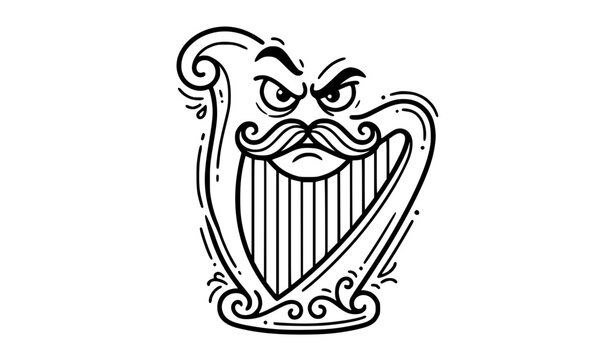 Grumpy harp cartoon mascot with curled mustache and angry face black line illustration