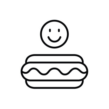 Hot dog in bun and smiley face. Food and delivery positive feedback. Pixel perfect, editable stroke vector icon