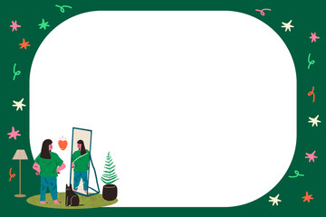 Fototapeta premium Green funky background png transparent, doodle frame with woman cartoon