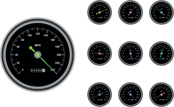 Car speedometer vector icon set. Includes round black dashboard gauges with colorful needles showing speed in mph. Flat design elements for automotive dashboard interfaces and control panels.