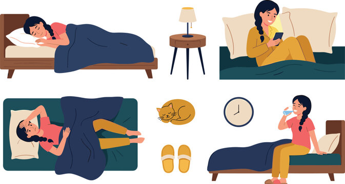 Woman Bedtime Routine and Sleep Issues Vector Character Set Featuring Female Sleeping Insomnia Using Smartphone Drinking Water and Nightstand Elements for Wellness Designs