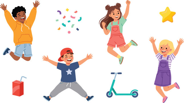 Happy Jumping Kids Vector Character Set Featuring Cheerful Children Celebrating with Confetti Kick Scooter Star and Juice Box Elements for Graphic Designs