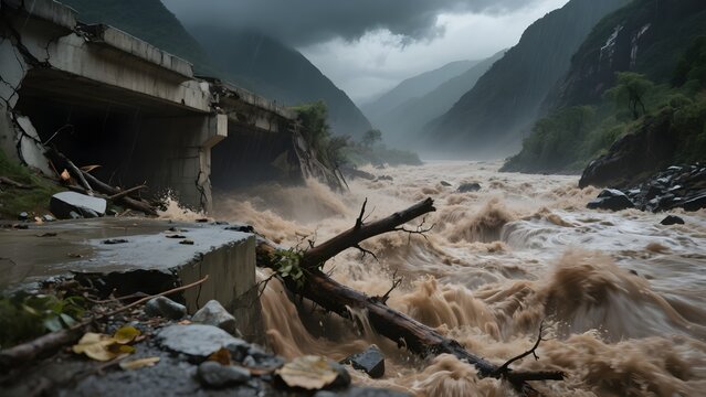 Flash Flood Destroying a Concrete Bridge in a Mountain Valley