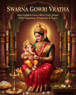 Swarna gowri vratha celebration with goddess gowri with festival traditional decorations