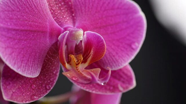 Close-up of a vibrant fuchsia orchid with delicate water droplets on its petals, showcasing its intricate beauty against a dark background.