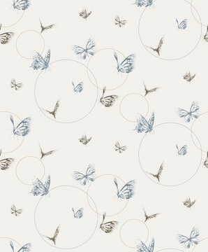 Seamless abstract background, elegant butterfly motifs with golden circles on a sophisticated ecru base