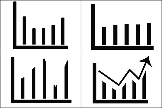 Business bar chart collection, black and white financial data graph set of 4 vectors, professional growth analytics icons, corporate progress and success visualization elements