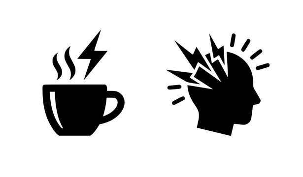 Minimalist caffeine energy and migraine relief vector icon set featuring flat black glyph style illustrations of a steaming coffee cup with a lightning bolt and a human head with stress pain rays.