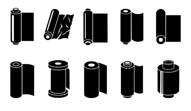 Comprehensive industrial rolls vector icon collection featuring flat black glyphs of fabric textile rolls wallpaper cylinders stretch film plastic wrap paper spools and manufacturing raw materials.