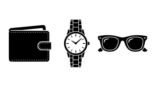 Minimalist men fashion accessories vector icon set featuring flat black glyph style illustrations of a leather bifold wallet luxury metal strap wristwatch and sunglasses.