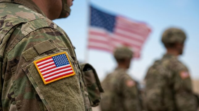 Veterans Day Focus on US Army flag patch on soldier shoulder with group of soldiers in blurred background during military field training exercise USA