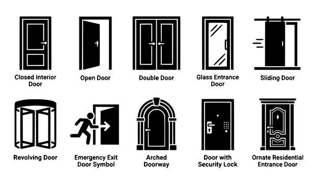 Comprehensive building doors glyph icon collection featuring architectural entryway vector designs including double doors, revolving entrance, emergency exit, sliding mechanism, and arched entryway st