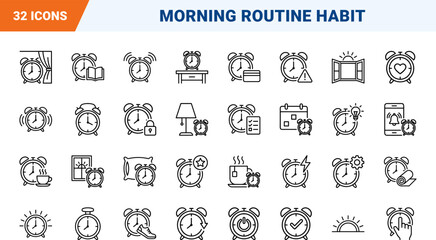 Obraz premium Alarm Clock Early Rise Habit Web Icon Set in Linear Style. Collection of Morning Routine line icons, including morning routine, wake up, daily discipline, sleep cycle, time management, productivity.
