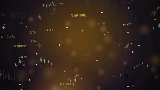 Abstract Financial Growth Animation with Golden Upward Arrow and Digital Stock Market Trading Charts