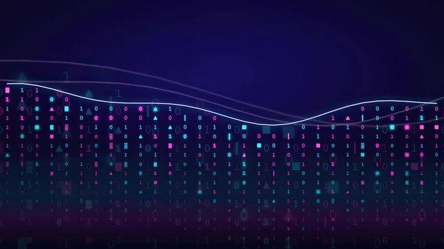 Abstract Digital Data Stream with Binary Code and Glowing Waveforms on Dark Blue Background