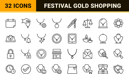Naklejka premium Necklace Festival Gold Purchase Web Icon Set in Linear Style. Collection of Jewelry Shopping line icons, including fine jewelry, festive shopping, ornament trade, retail showcase, appraisal.