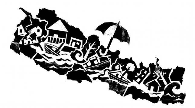 Nepal map silhouette illustration featuring disaster elements and environmental crisis symbols art.