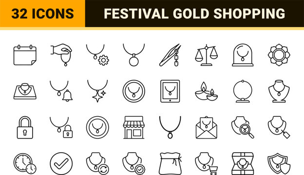 Necklace Festival Gold Purchase Web Icon Set in Linear Style. Collection of Jewelry Shopping line icons, including fine jewelry, festive shopping, ornament trade, retail showcase, appraisal.