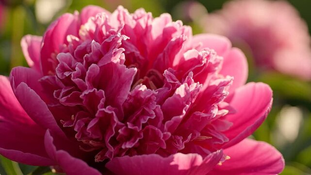 A vibrant pink peony flower with ruffled petals in a soft-focus garden setting, showcasing its intricate beauty and rich color.