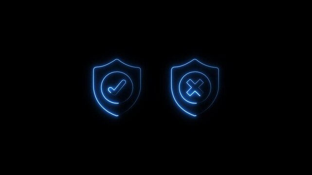 Neon glowing checkmark and cross shield for cybersecurity and data validation