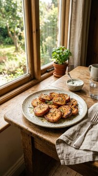 sliced roasted sweet potato on wooden table near window light