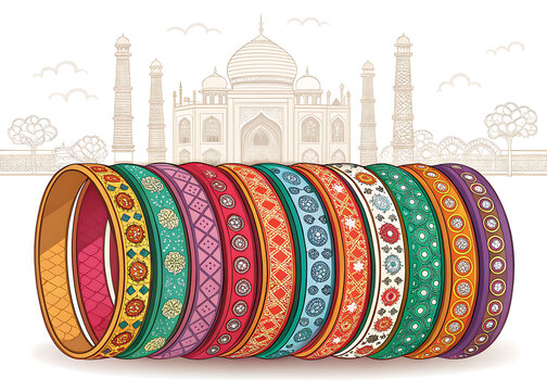 Colorful glass bangles arranged in rows, bright Indian pattern, minimal vector illustration