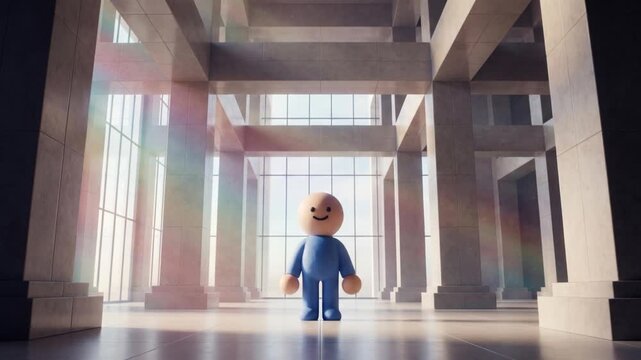 近代的な大空間ホールで直立姿勢をとるかわいい粘土風キャラクターの3Dアニメーション