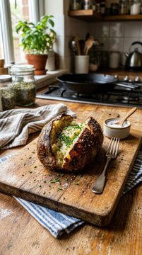 baked potato with crispy skin on wooden cutting board kitchen