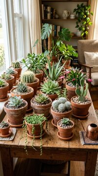 indoor succulent plants and cacti in terracotta pots on table