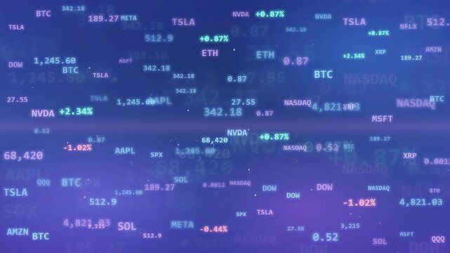 Abstract digital financial data visualization with floating stock market tickers and currency symbols on blue background