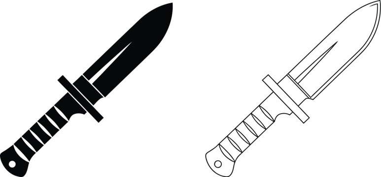Combat knife icon featuring black silhouette and outline artwork, tactical blade, handle, military equipment, and editable vector design.