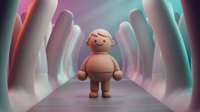 未来的な腸絨毛構造の通路で直立する粘土キャラクターの3Dアニメーション