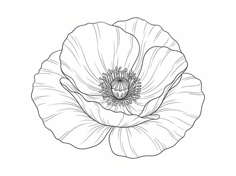 Single Poppy Flower Botanical Line Art on White Background, Minimal Floral Sketch