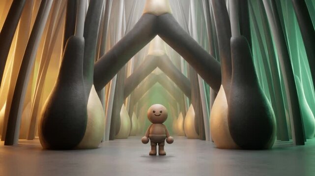頭皮と毛根のバイオ構造空間で姿勢を変える粘土キャラクターの3Dアニメーション
