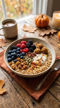 healthy autumn oatmeal bowl topped with berries and pumpkin treats