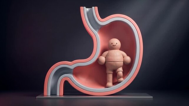 胃の断面構造オブジェの内部で直立するかわいい粘土キャラクターの3Dアニメーション